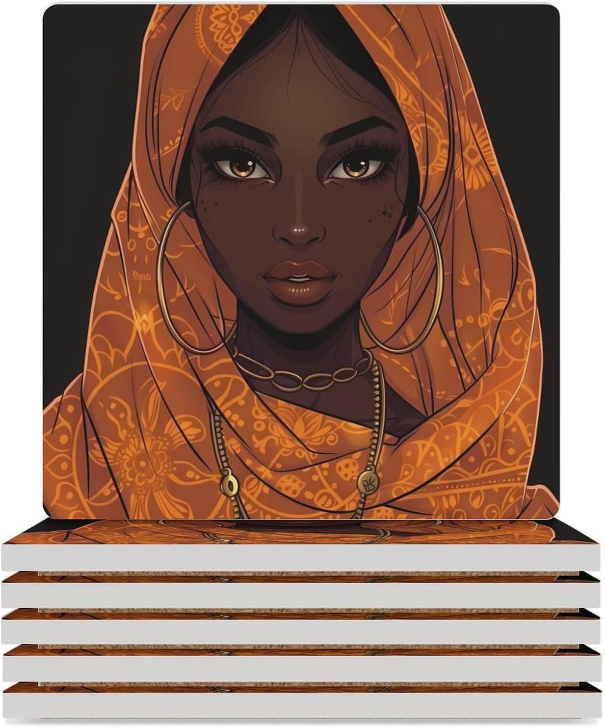 African A-mericans Pretty Women Coaster for Drinks Square Ceramic Table Coasters Stone Mat Crafts 4PCS Home Kitchen Decor