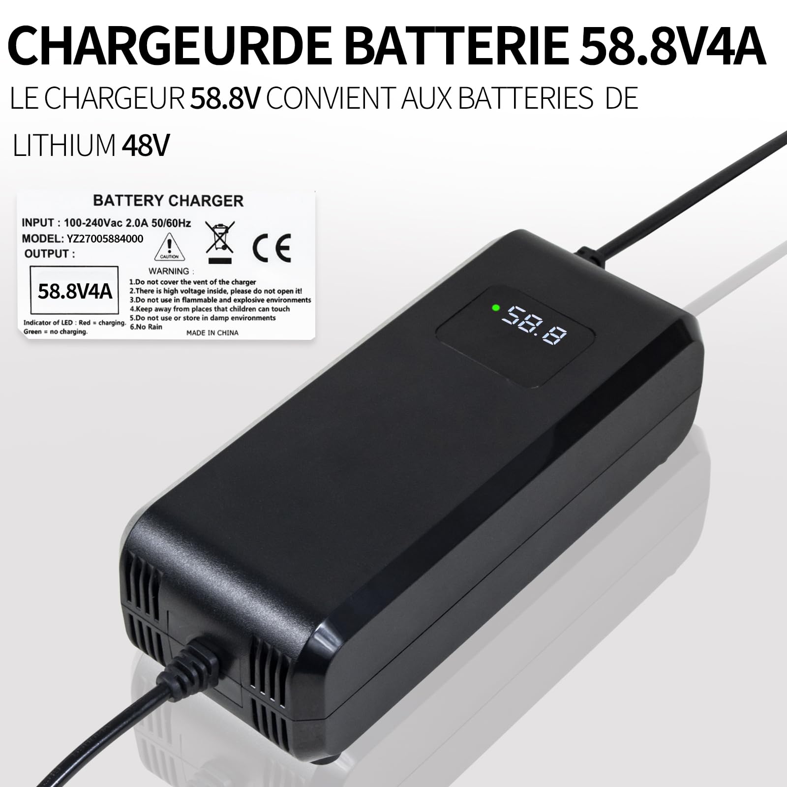 Chargeur Batterie 58.8V 4A, pour Batterie Lithium 52V 48V, avec Affichage LED et Multiples Fonctions de Protection et de réparation, équipé de connecteurs GX16 12mm