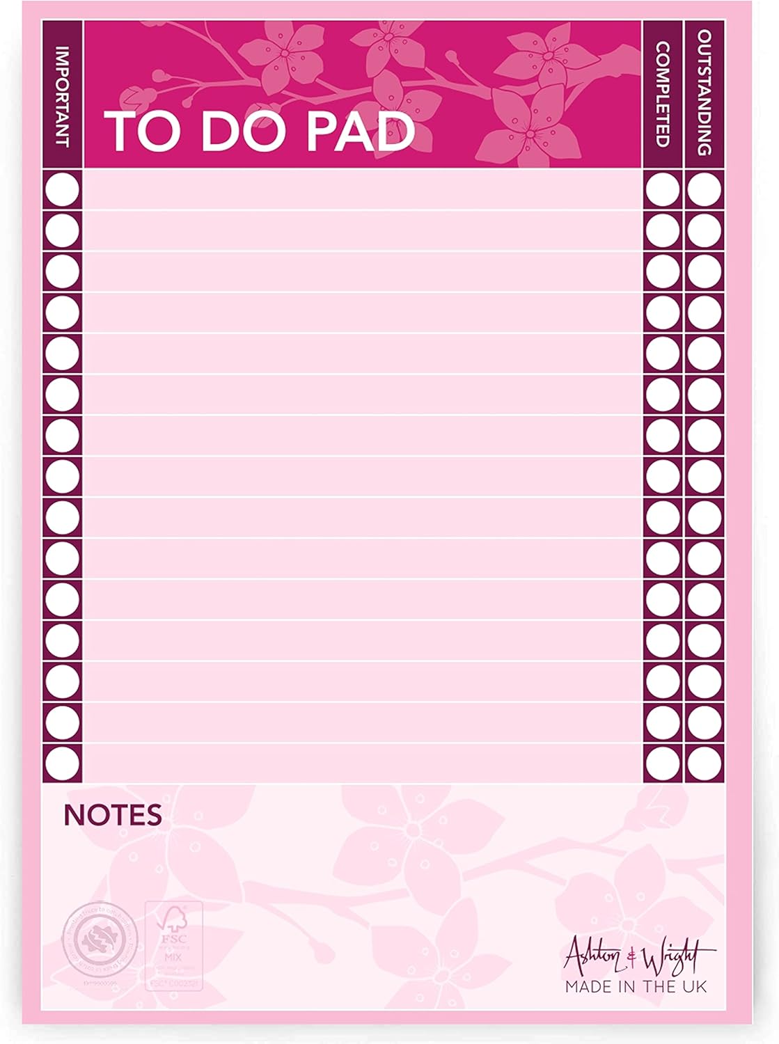 Ashton and Wright - Cherry Blossom - A5 to Do Pad/Daily Schedule Planner/Desk Pad - 60 Sheets - 80gsm - Made in UK