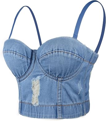 ELLACCI Womens Destructed Denim Bustier Crop Top Jeans Corset Top
