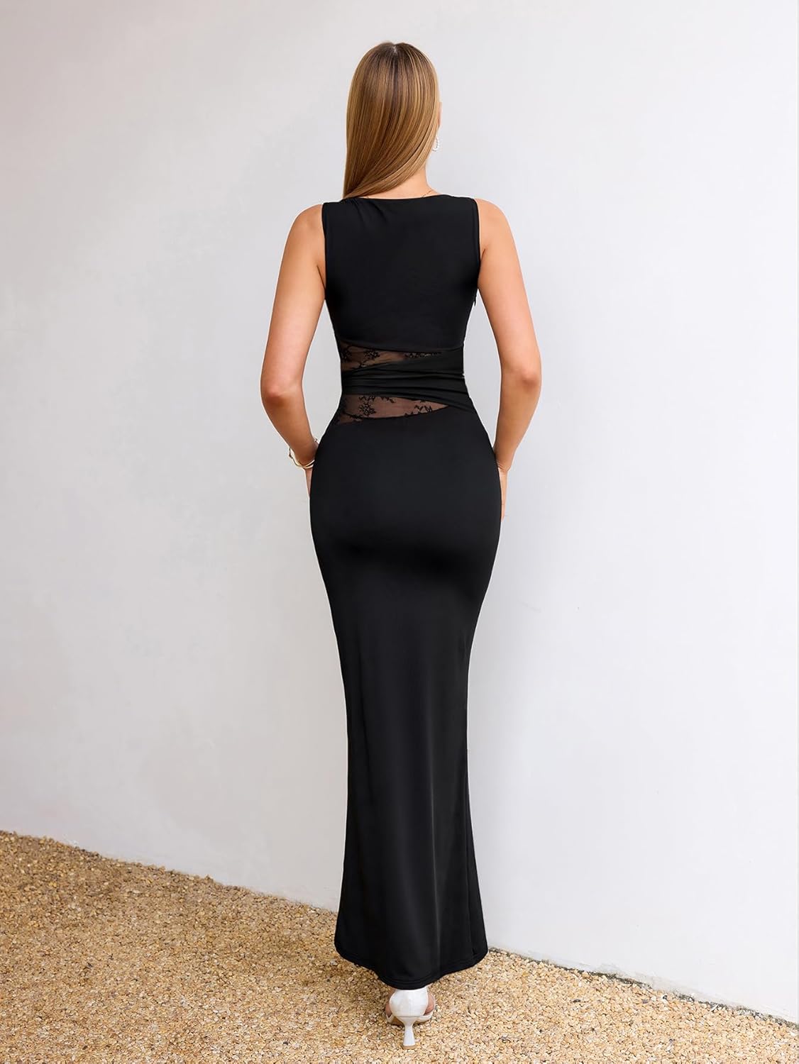 EYNMIN Lace Long Formal Wedding Guest Dress Cut Out Boat Neck Sleeveless Ruched Bodycon Maxi Dresses for Women - Image 3