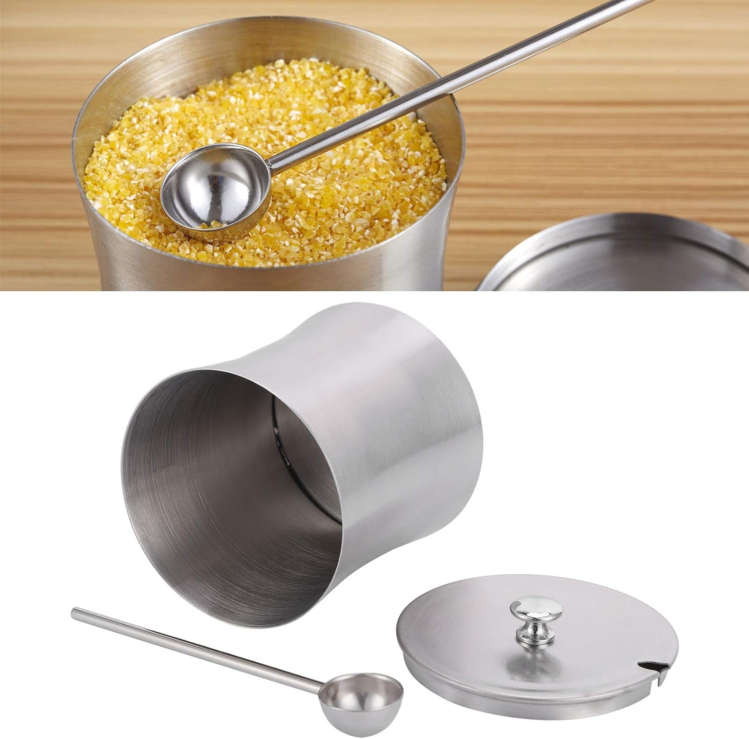 Pilipane Stainless Steel Pot Seasoning Can Condiment Jar with Cover and Spoon Durable Portable for Kitchen Restaurant Home Use 8cm Diameter 9cm Height 375ML Capacity