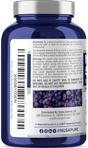 Miniatura 3 de NusaPure Nicotinamida con resveratrol (vitamina B-3) 500 mg - 180 cápsulas vegetarianas (sin OMG y veganas)