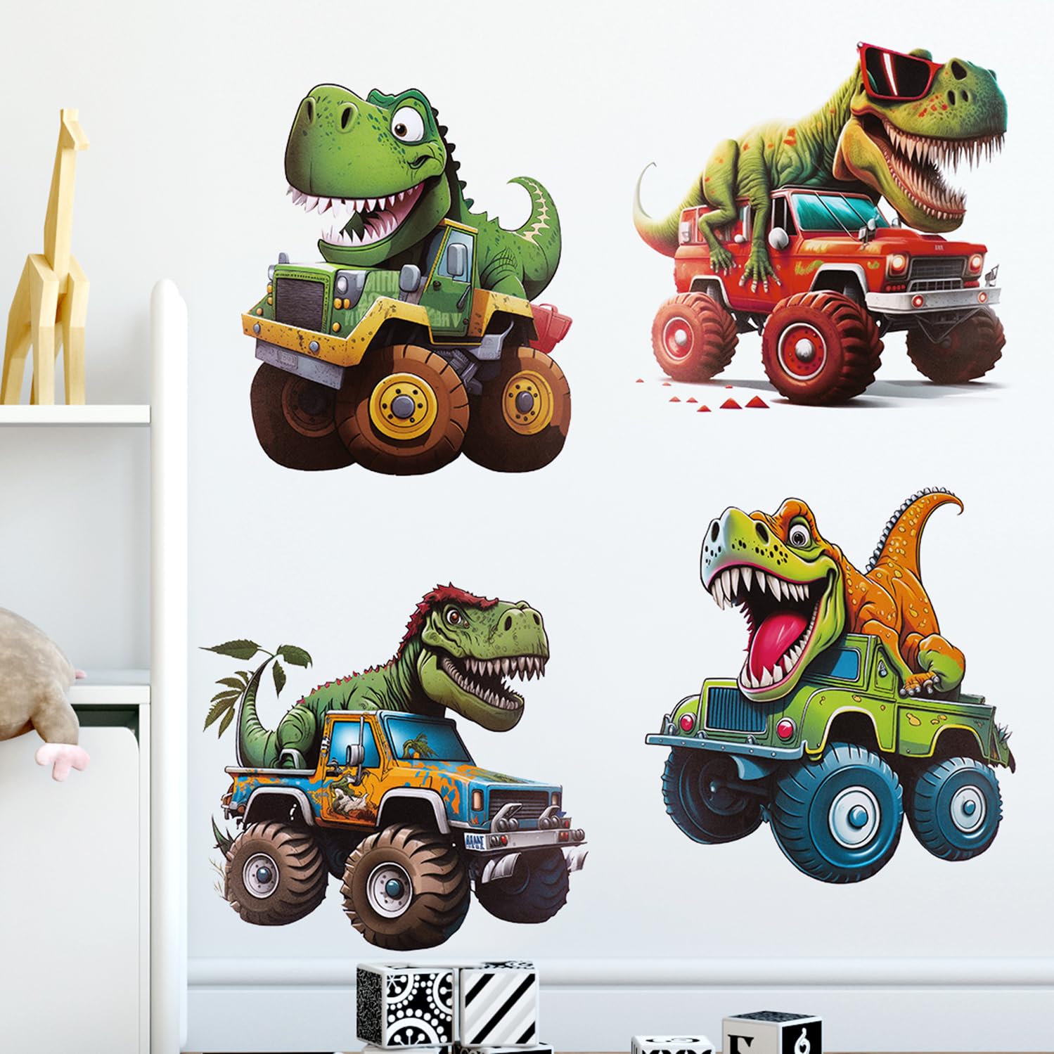 RAINBOW WSK Dinosaur Wall Decals Green Dino Driving Car Wall Stickers for Kids Boys Room Funny Dinosaur Themed Wall Decor KLZC