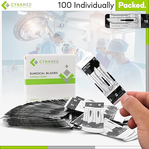 Vista 45 de Cynamed Caja de 100 cuchillas estériles de bisturí de acero al carbono envueltas individualmente en papel de aluminio