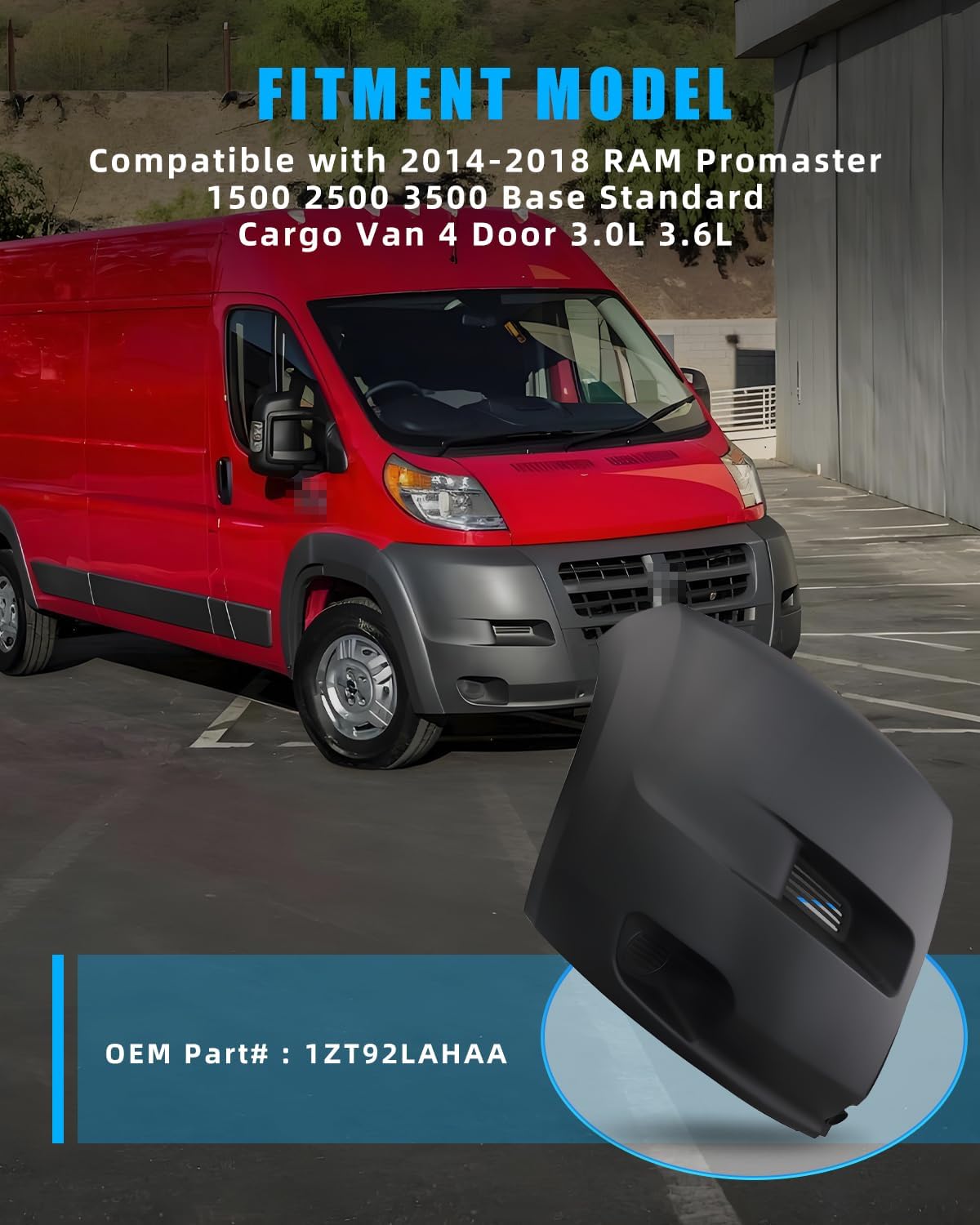 Front Right Passenger Bumper Corner Cover Side End Cap with Flare Molding Trim (No Fog Light) for 2014-2018 RAM Promaster 1500/2500/3500 (3.0L I4, 3.6L V6) Cargo Van 4 Door, Replace 1ZT91LAHAA