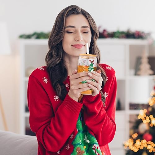 Miniatura 5 de Kochorie Paquete de 4 tarros de Navidad Mason de 16 onzas, vasos de Navidad con tapa de bambú y popote de vidrio, tarros de galletas, tazas de café,