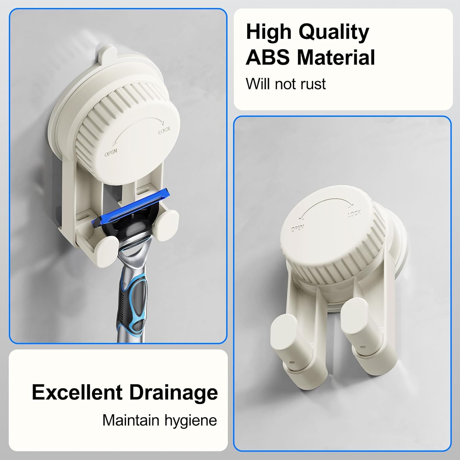 (2 Pack) No-Drill Suction Cup Razor Holder for Shower,Waterproof Self-Adhesive Shaver Holder Hanger Hooks,Towel,Loofah,Razor Organizer Easy to Install，Heavy Duty Utility Storage Hook
