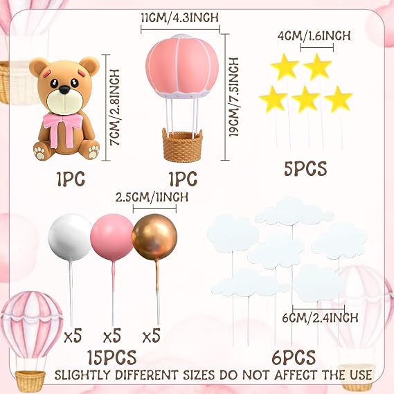 LaVenty Pink Hot Air Balloons Cake Decoration Bear Cake Decoration Baby Bear Baby Shower Cake Topper Baby Shower Birthday Cake Decoration