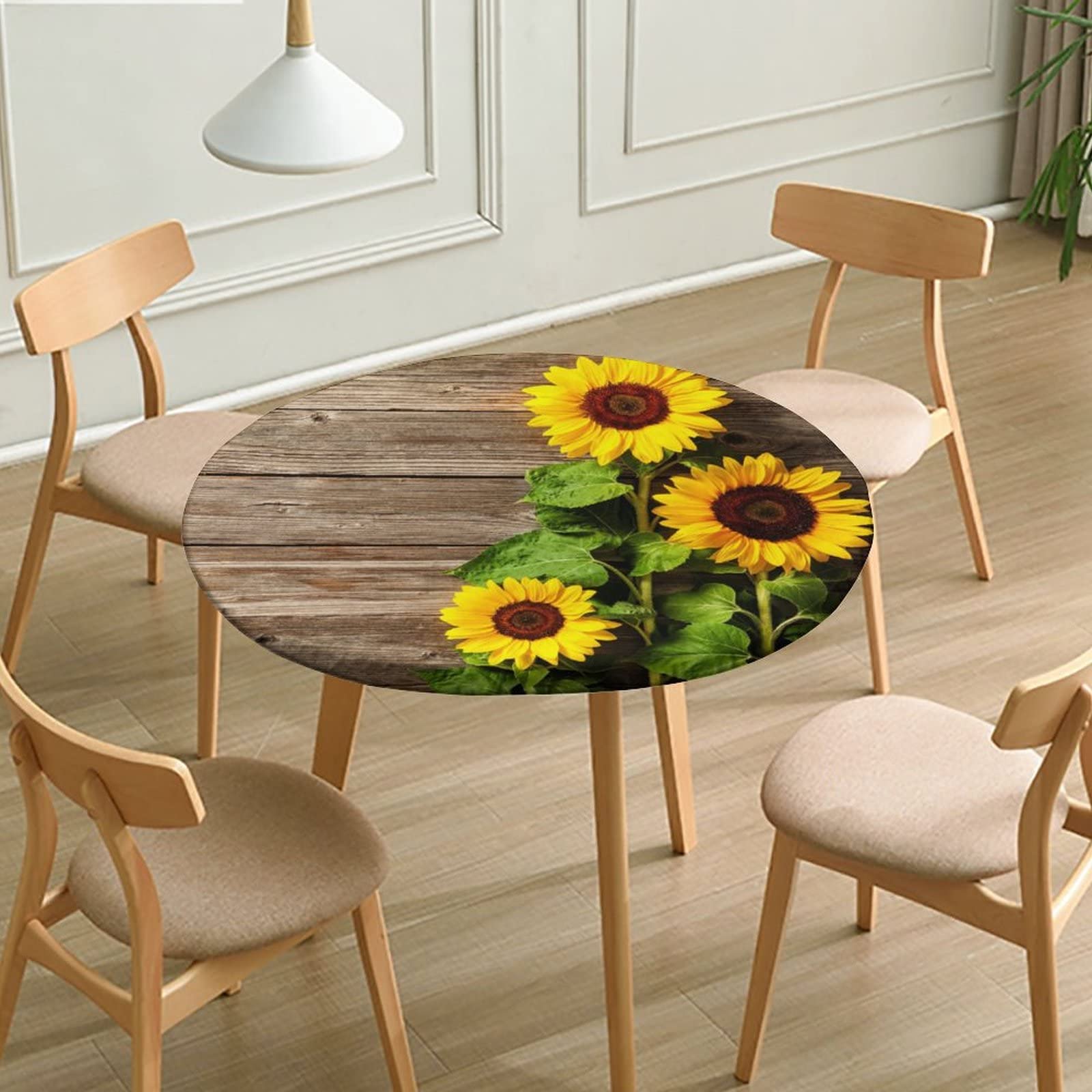 Sunflower Fitted Round Tablecloth, Elastic Edge Waterproof Table Cloth for Dinner Outside Picnic, Washable Wipeable Fabric Table Cover for 36