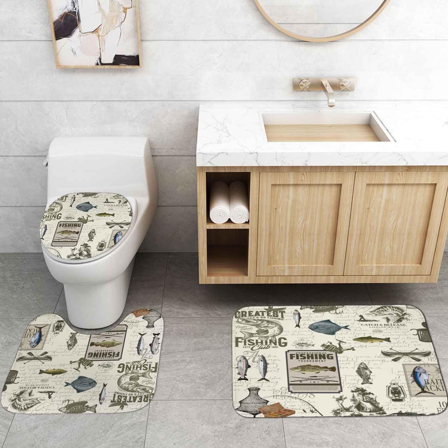 4PCS Fishing Shower Curtain Sets with Rugs, Bass Fish Shower Curtain, Waterproof Fabric Shower Curtain, Fish Cabin Lodge Camping Hunting Country Rustic Farmhouse Bathroom Decor, Fishing Gifts