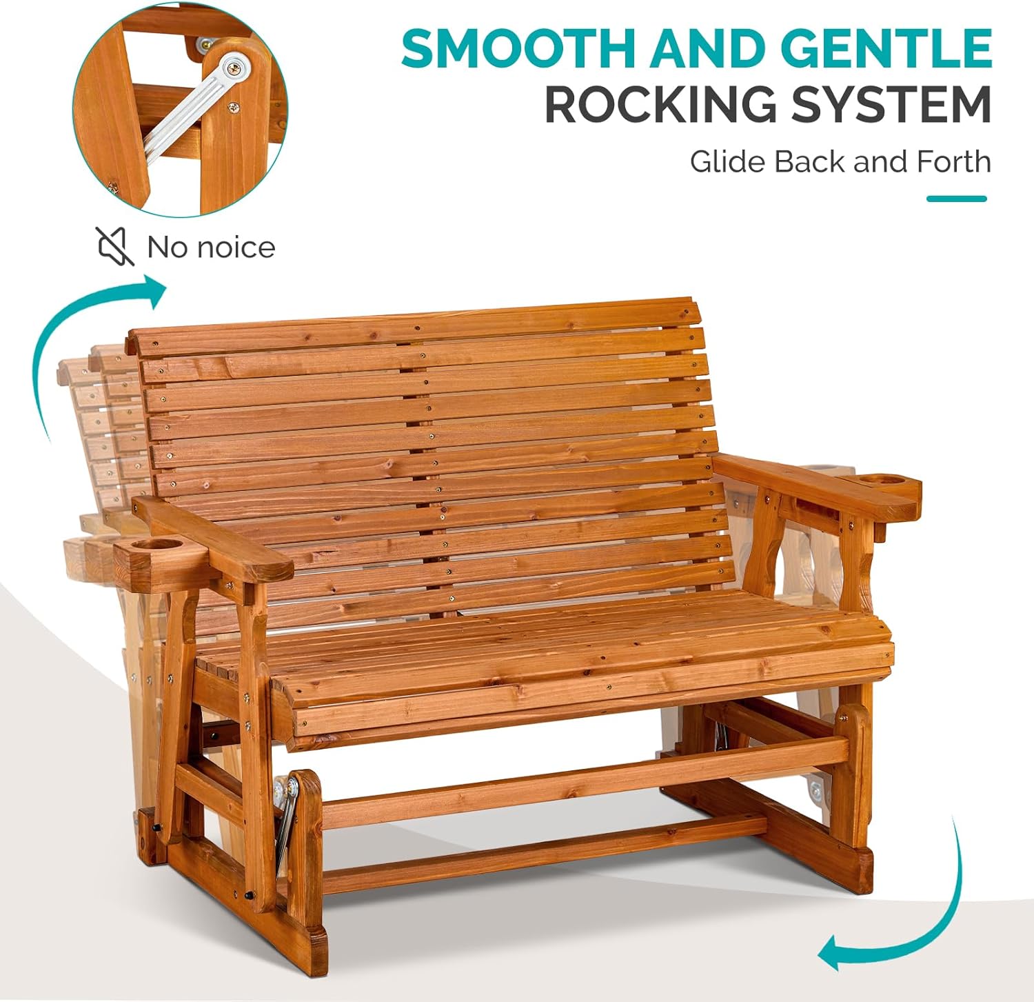 Image showing the VINGLI Wooden Patio Glider made from solid wood material, highlighting its UV-resistant and waterproof properties.
