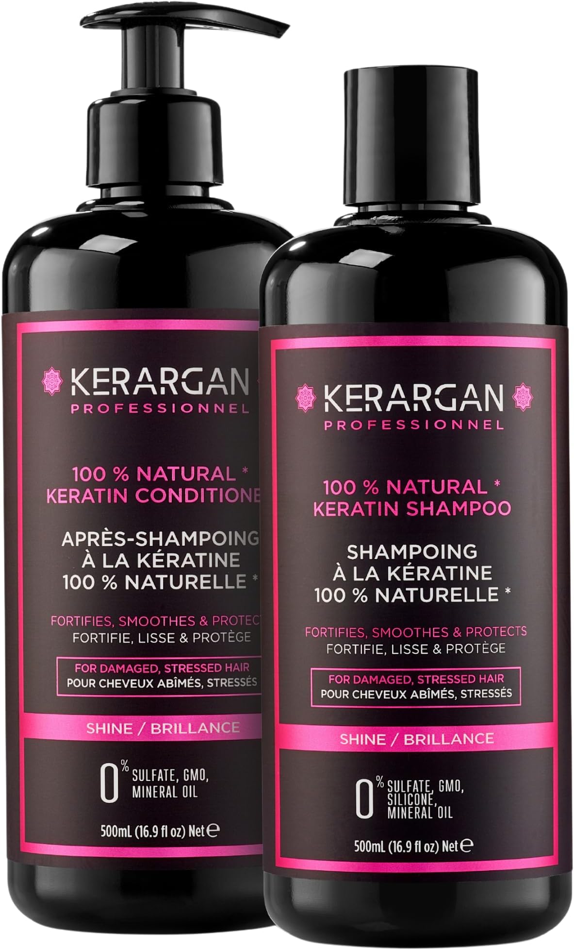 Kerargan - Keratin shampoo and conditioner to strengthen, moisturize and protect your hair - Ideal for straightening - Dry and damaged hair - Sulfate, paraben and silicone free - 2x500 ml