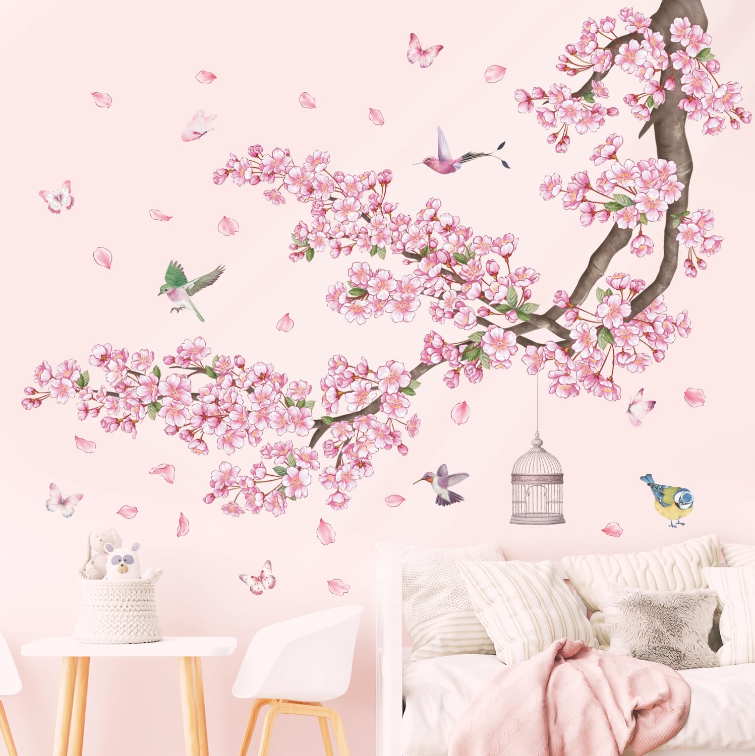DECOWALL Cherry Blossom Tree Wall Stickers Pink Flower Branch Birds Wall Decals Bedroom Living Room Sofa TV Background Home Décor (SG2-2426) - Image 3
