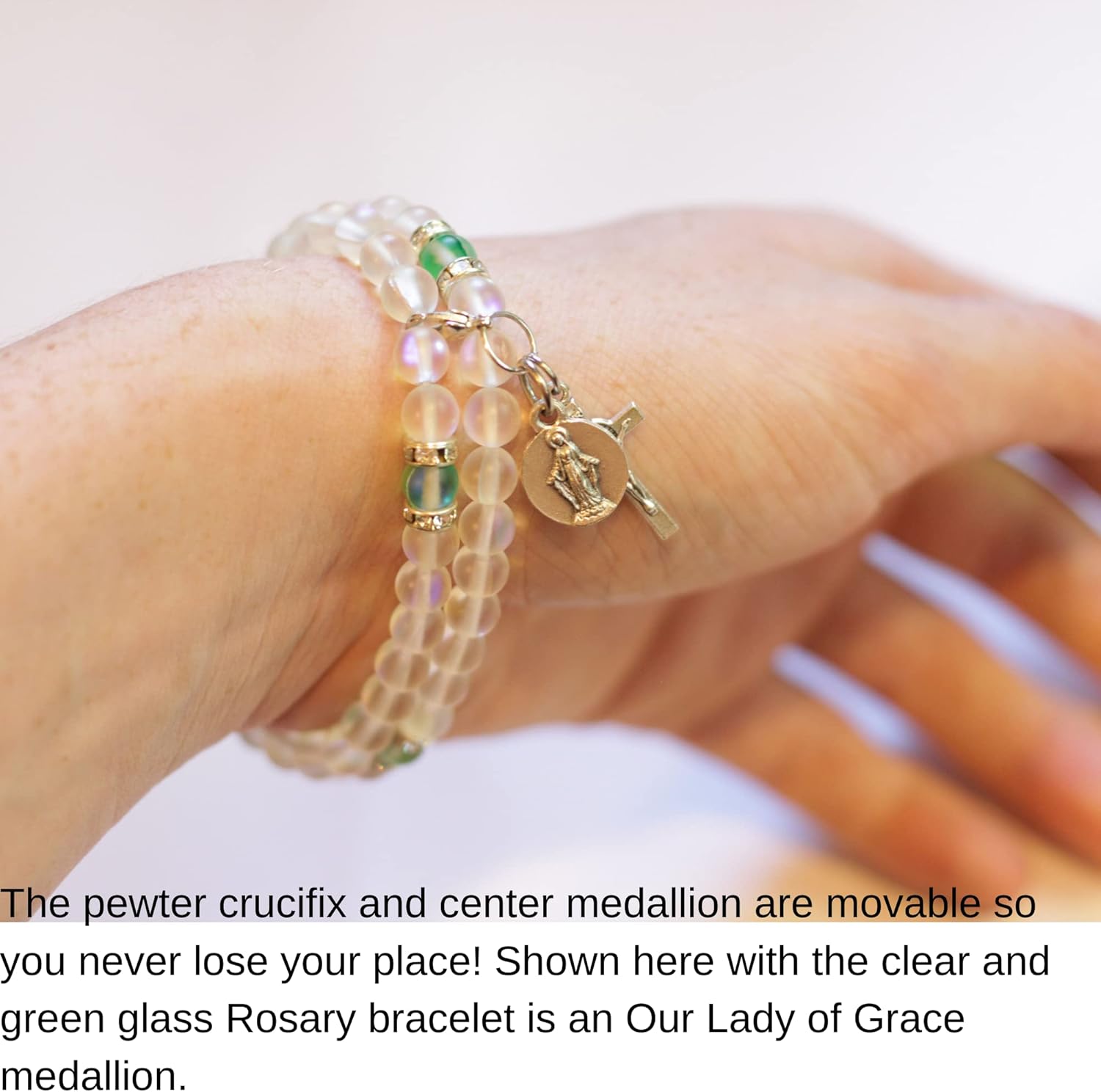 Iridescent White and Green Rosary Bracelet