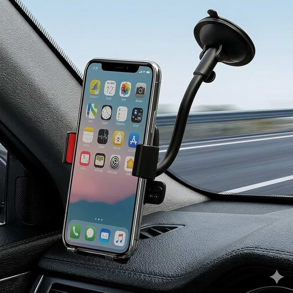 Suporte Celular Carro Veicular Universal - Braço Articulado Extensível com Rotação 360 e Ventosa de Silicone Ultra Forte para Painel ou Vidro, Trava Automática Antiqueda e Antivibração