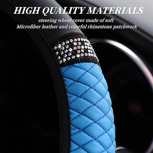 Miniatura 2 de DBYUME Funda de cuero suave para volante de automóvil con diamante de cristal brillante universal de 15 pulgadas con diamantes de imitación