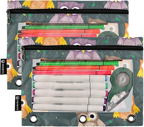 Miniatura 2 de Estuche para lápices con 3 anillos, diseño de búho de dibujos animados, con cremallera, 2 unidades, organizador transparente para carpetas escolares