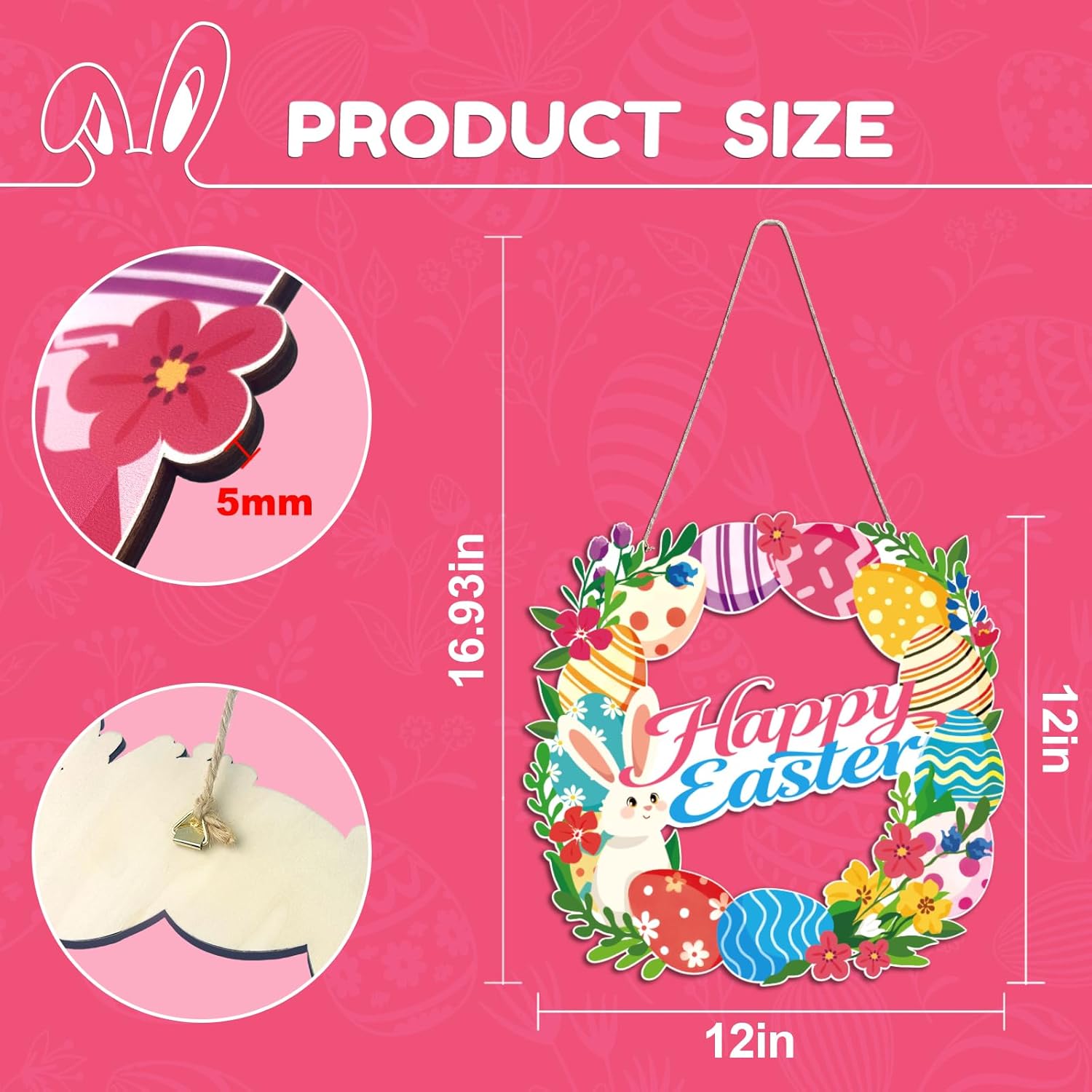 Wooden Easter Decoration Door Wreath, 12" Easter Wreaths for Front Door Wall Signs Rabbit Spring Hanging Ornaments, Spring Holiday Door Wall Home Garden Tree Decor - Image 2