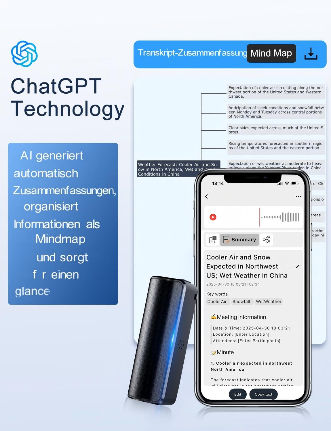 64GB magnetischer KI-Sprachrekorder mit App-Steuerung, Rauschunterdrückung, Spracherkennung, Zusammenfassung & Mindmapping – 58 Sprachen, ideal für Interviews, Vorträge & Meetings