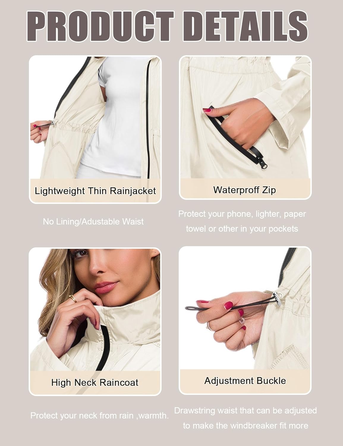 Avoogue Women's Long Raincoat with Hood Outdoor Lightweight Windbreaker Rain Jacket Waterproof - Image 4