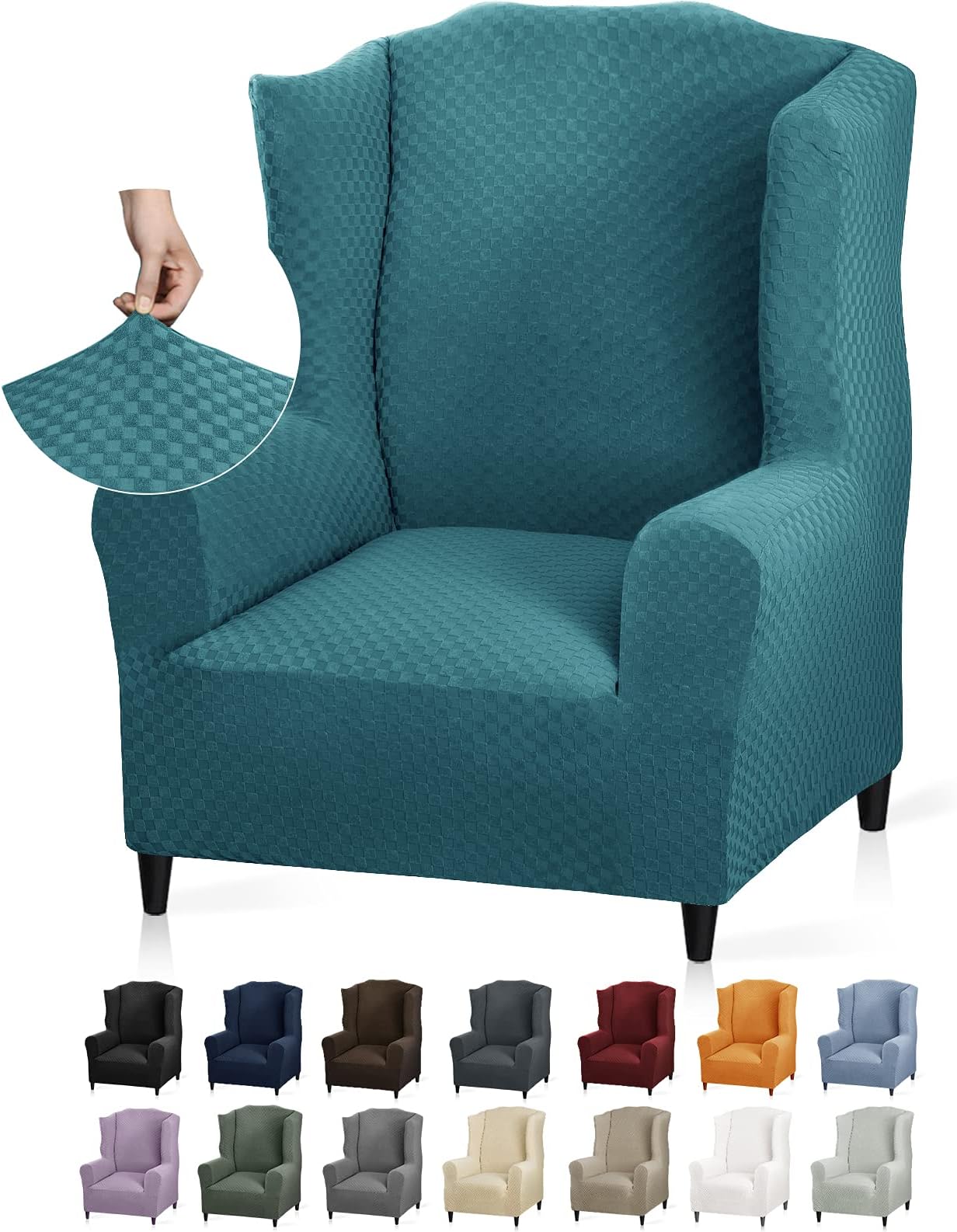 1 Piece Stretch Wingback Chair Slipcover Latest Jacquard Design Wing Chair Cover Non Slip Furniture Protector with Foam Rods for Living Room (Wing Chair, Peacock Blue)