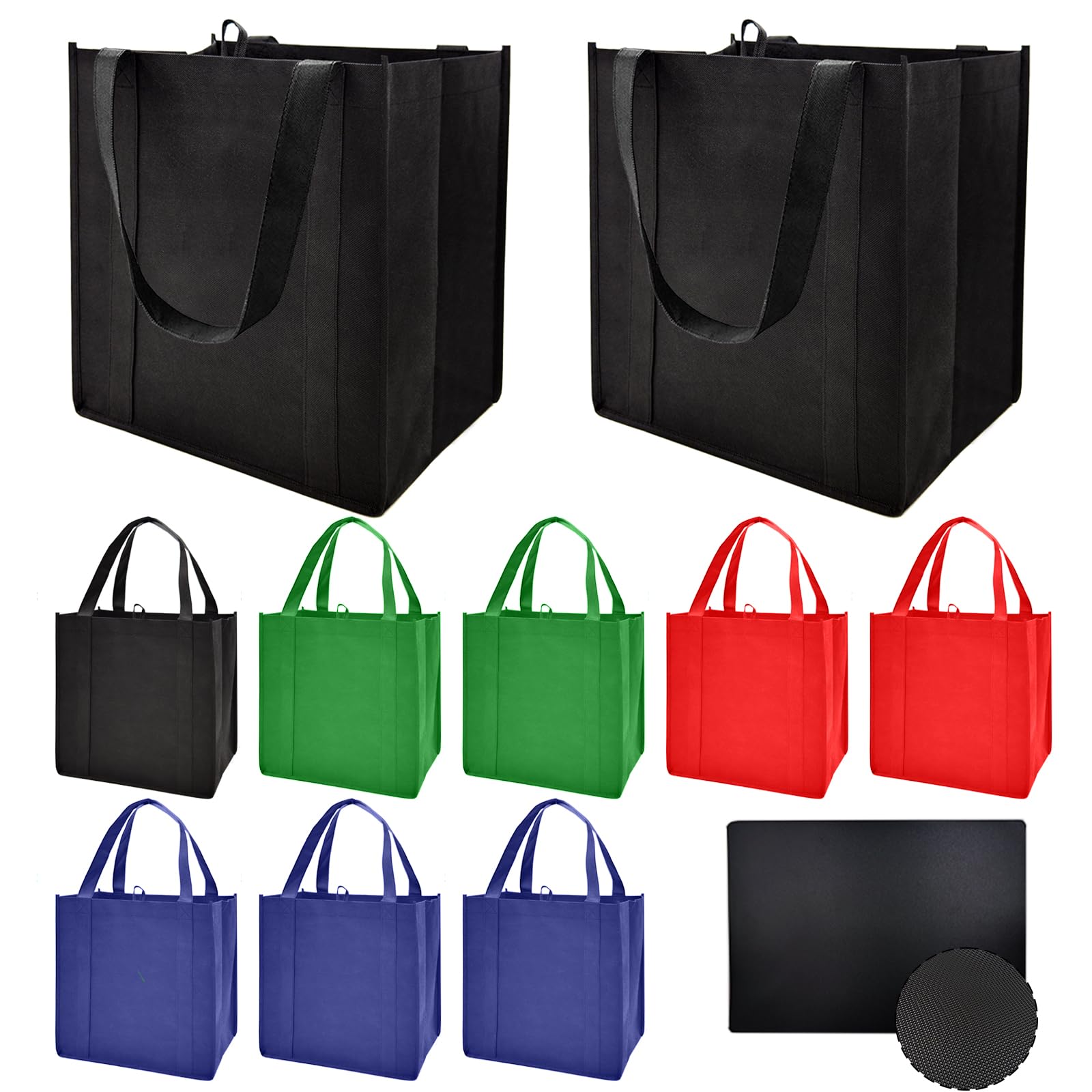 HorYg 10 Pack Reusable Reinforced Handle Grocery Bags - Heavy Duty Large Shopping Totes with Thick Plastic Bottom can hold 45+ lbs(10, 3-Black 2-Green
