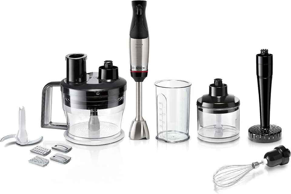 Bosch MSM6M673 ErgoMaster - Batidora de inmersión serie 6, mini picadora, prensa puré, cuenco multifunción y 4 otros accesorios incluidos, sistema de mezcla QuattroBlade System Pro,1000 vatios, plata