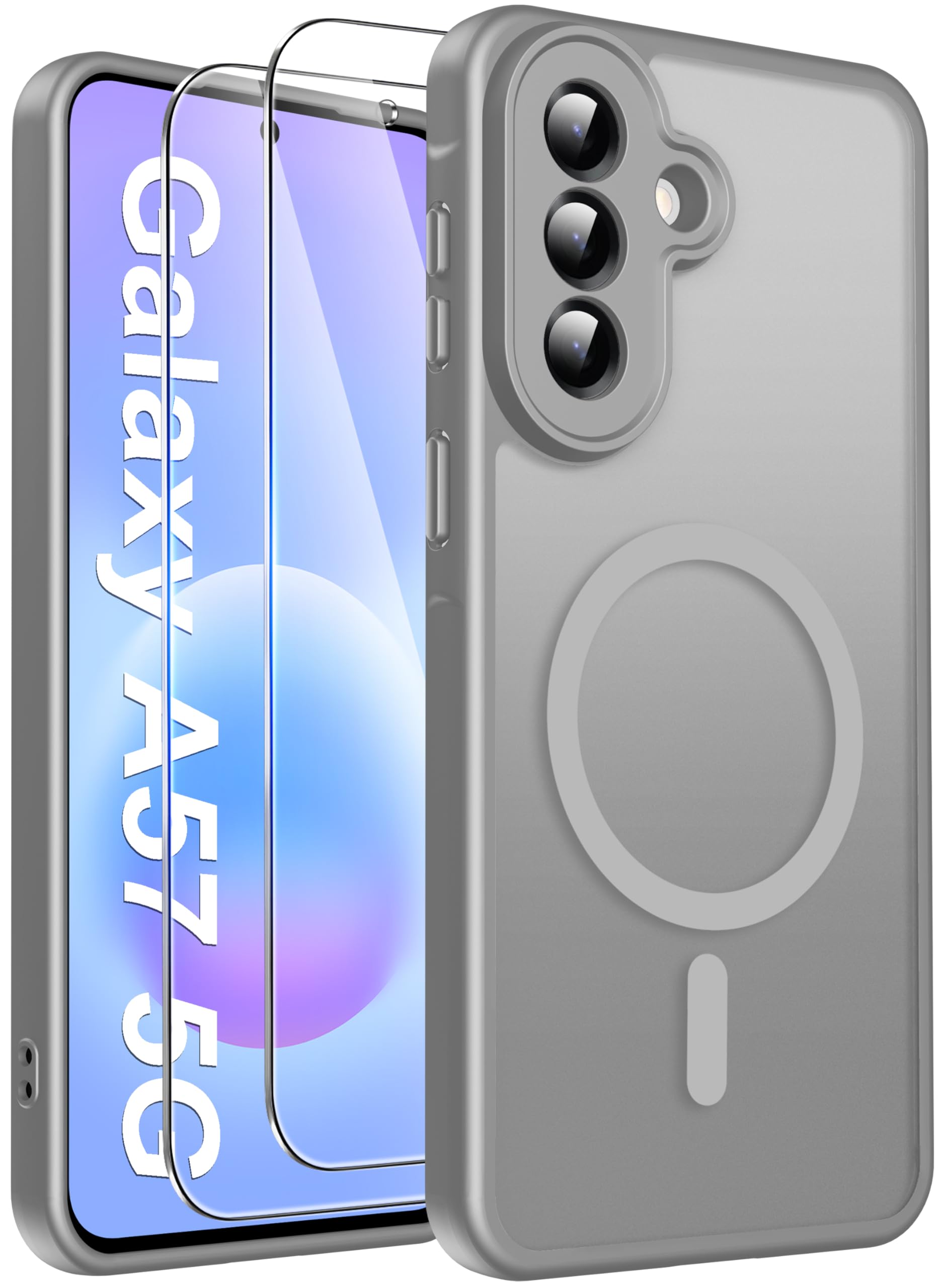 Opkiegrn für Samsung Galaxy S25 5G Hülle, Kompatibel mit MagSafe mit 2 Stück Panzer Schutz Glas Folie, KameraSchutz Folie Stoßfest Kratzfest Transluzente Matt Handyhülle für Samsung S25, Grau