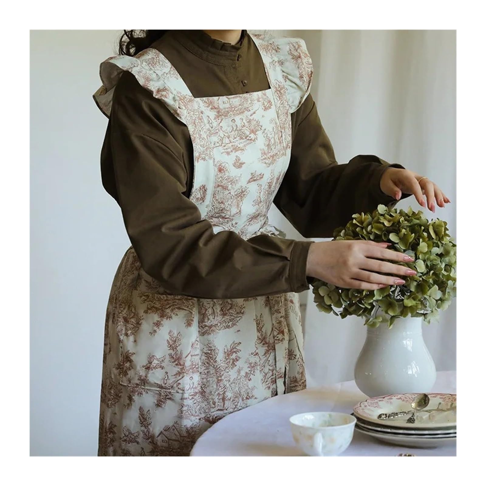 delantal Delantal de cocina con volantes y algodón resistente al agua estampado largo bolsillos for mujer, delantal espalda cruzada for cocinar, hornear jardinería