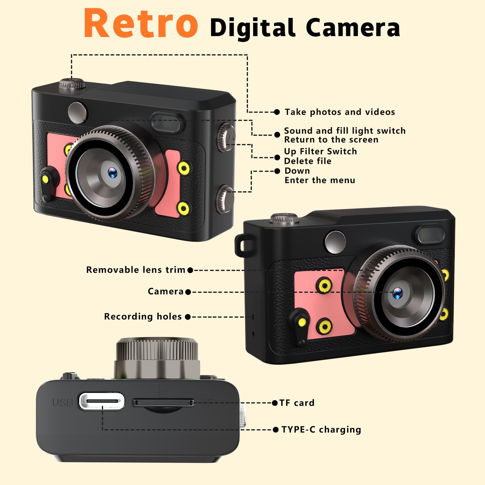 Mini fotocamera digitale retrò FHD 1080p con obiettivo da 2 MP, schermo da 0,96 pollici e adattatore OTG con scheda da 16 GB, fotocamera tascabile compatta vintage per viaggi, bambini, ragazzi