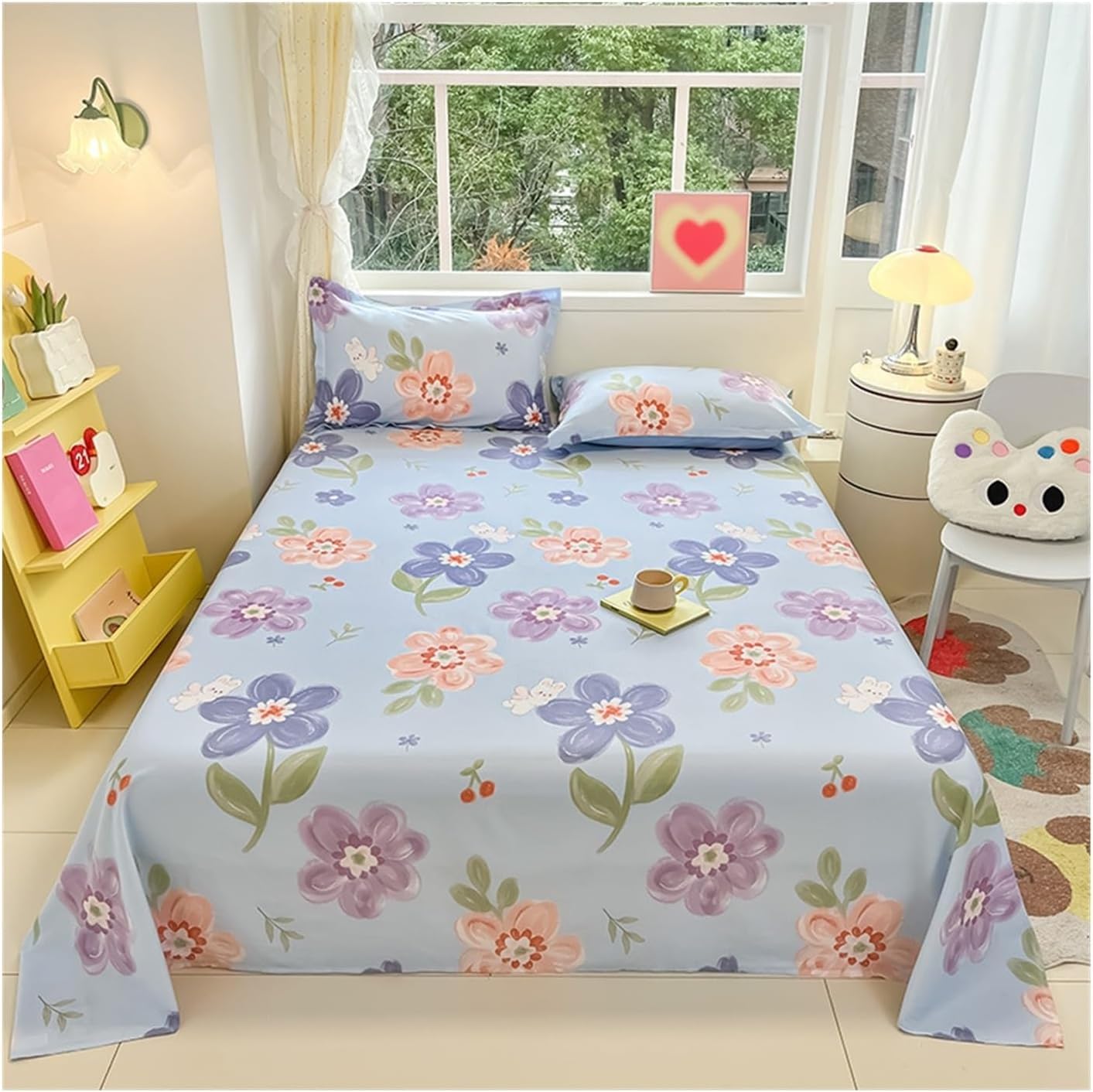 Floral Flat Top Sheet Only (Pillowcases Sold Separately) - Premium Cotton Garden Art Flat Sheet Vintage Romantic Wildflowers Panda Pattern Bed Cover Soft Decorative Bedding (Pillowcases*2,#9)