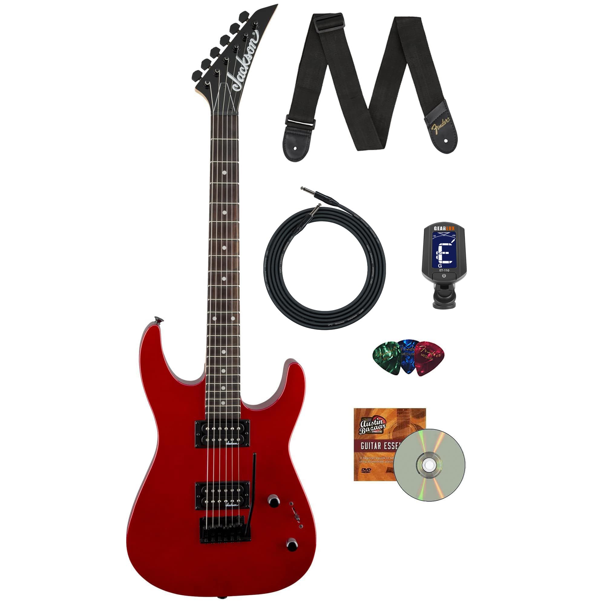 Jackson JS Series Dinky JS11 Electric Guitar - Metallic Red Bundle with Cable, Tuner, Strap, Picks, and Austin Bazaar Instructional DVD