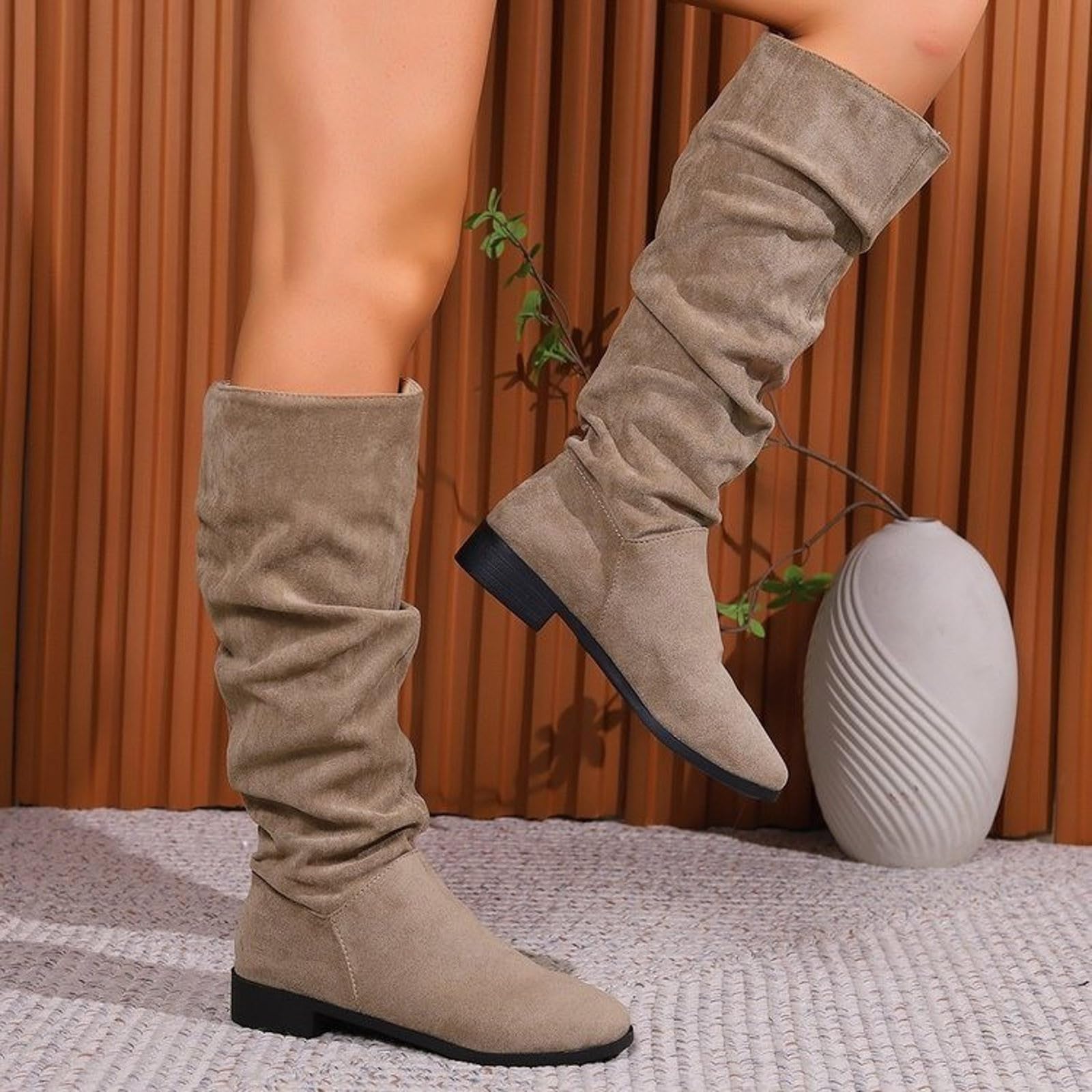 Generisch Bottines pour femme - Style rétro - Couleur unie - En daim - Grandes tailles - Talon bloc - Hauteur de tige moyenne - Bottes d'équitation confortables
