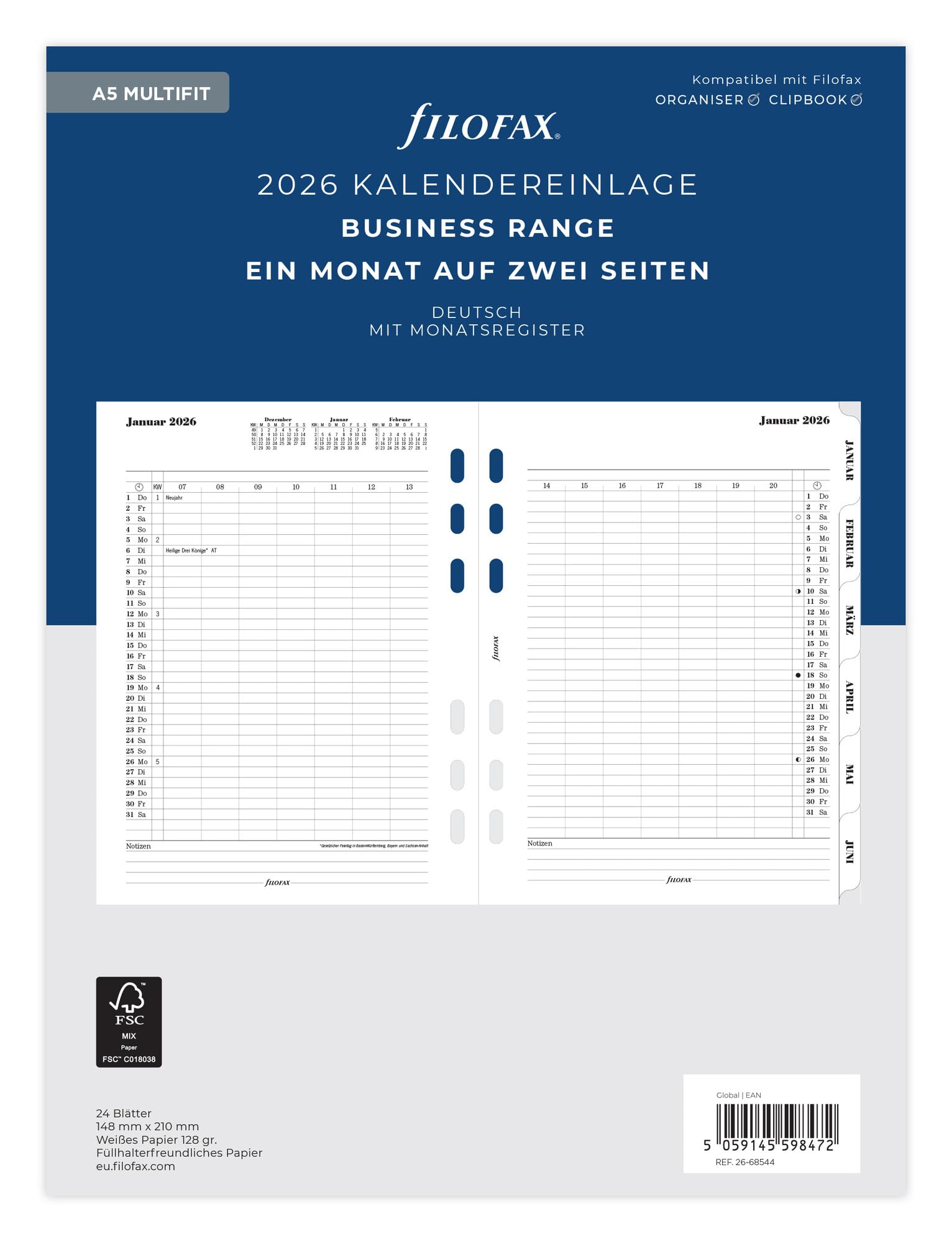 Filofax Calendar A5 Multi 1 Month on 2 Pages Tabbed (German) 2026
