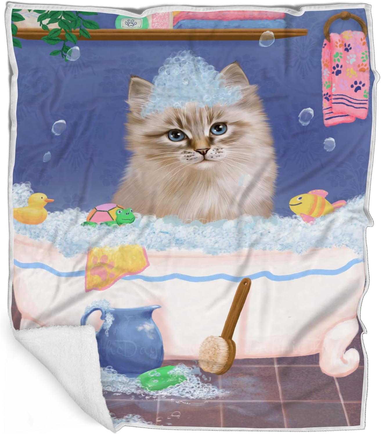 Rub A Dub Dog in A Tub Siberian Cat Blanket - Lightweight Soft Cozy and Durable Bed Blanket - Animal Theme Fuzzy Blanket for Sofa Couch BLNKT63501 (60x80 Fleece)