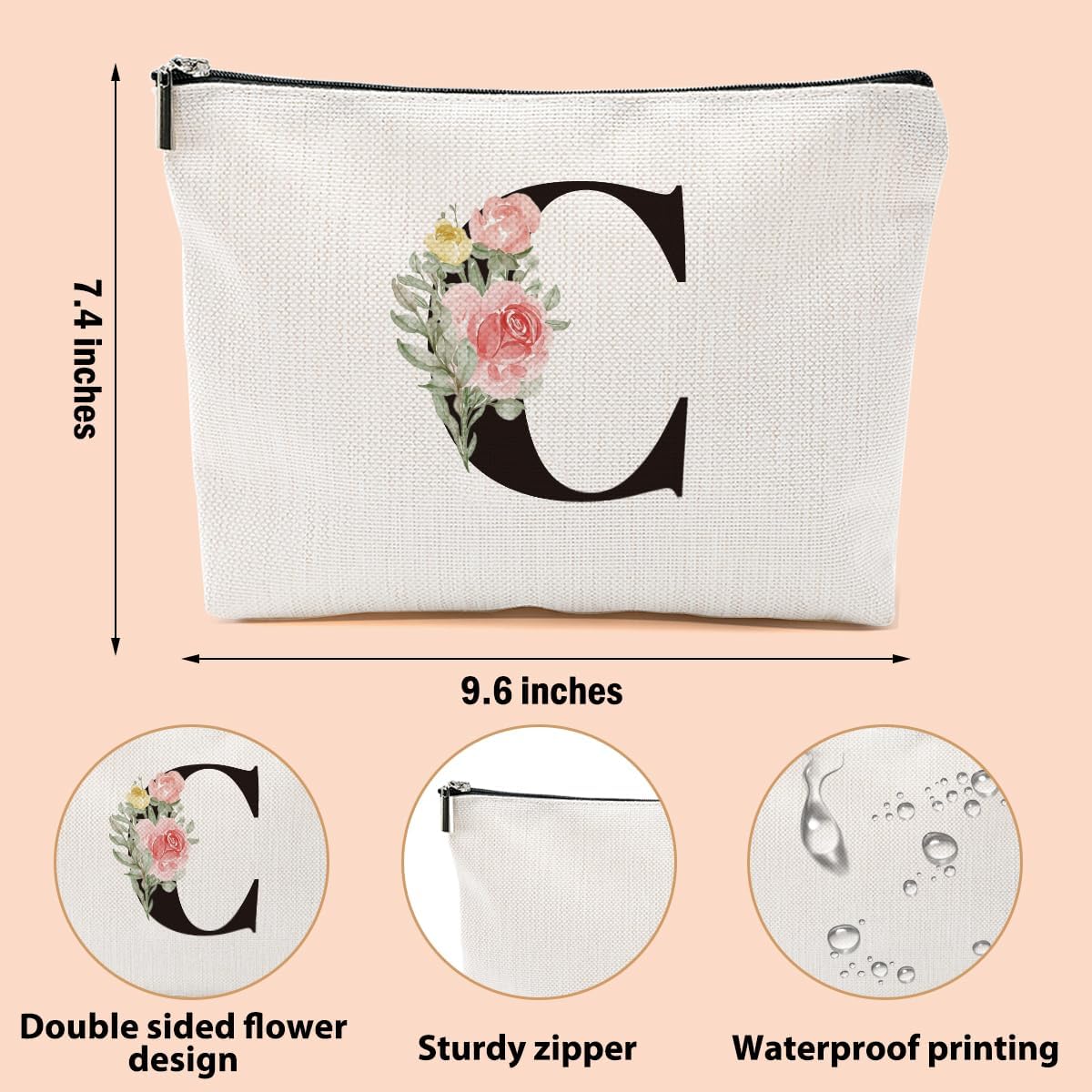 Rose Personalized Makeup Bag, Initial Letter C Monogram Cosmetic Bags image 2