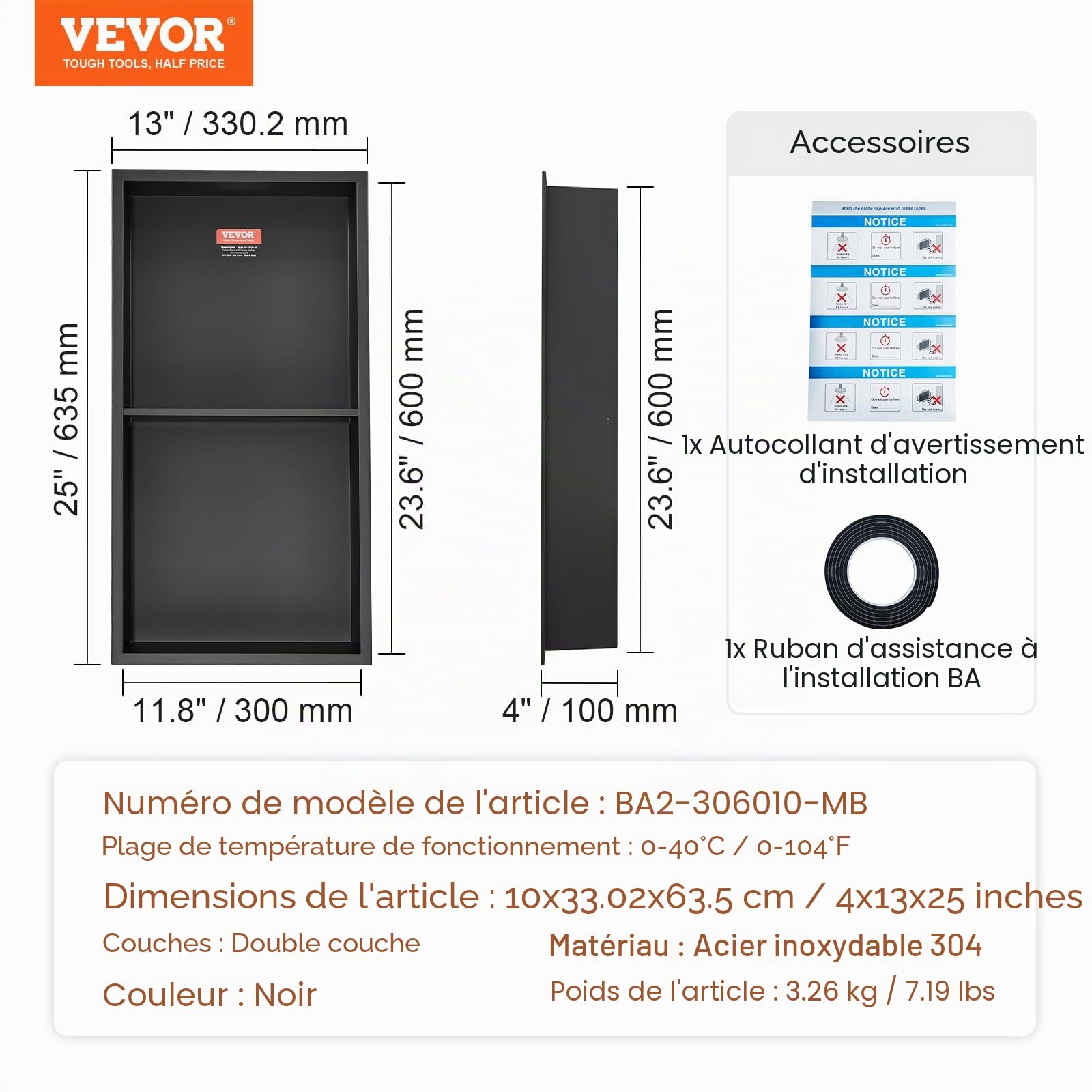 VEVOR Niche Encastrable Salle de Bain 33,02x63,5 cm Niche Douche Murale Double Étagère Acier Inoxydable 304 Scellée Étanche Facile à Nettoyer Moderne pour Stockage de Savon Douche Salle de Bains, Noir