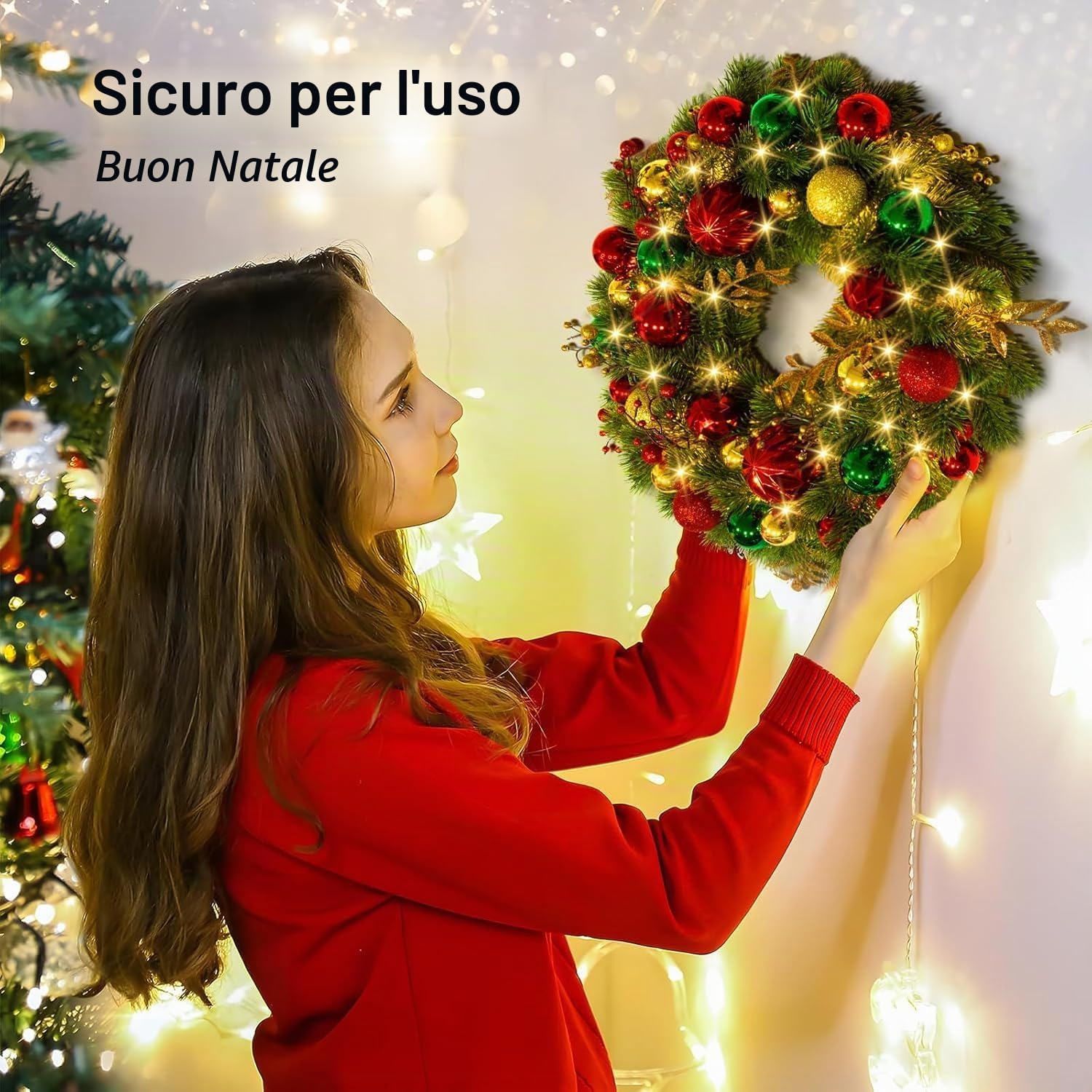 Avoalre 40cm Ghirlanda Natalizia con Luci LED Ghirlanda Natale a Batteria con Timer 8 Modalità Ghirlanda Natalizia per Porta Scale Camino Murale Finestre Interno Esterno Natale Decorazione