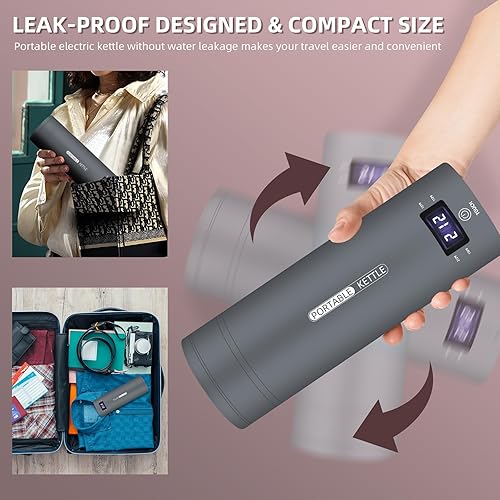 Miniatura 9 de Hervidor eléctrico de viaje, portátil, pequeño, hervidor de agua, calentador de agua con 4 controles de temperatura, acero inoxidable 304 con