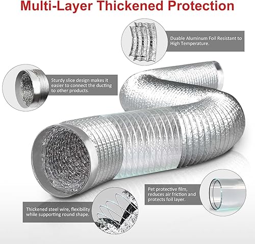 Miniatura 4 de Manguera de ventilación de secadora de 4 pulgadas y 8 pies, conductos de 4 pulgadas, conducto flexible de papel de aluminio, con 2 abrazaderas