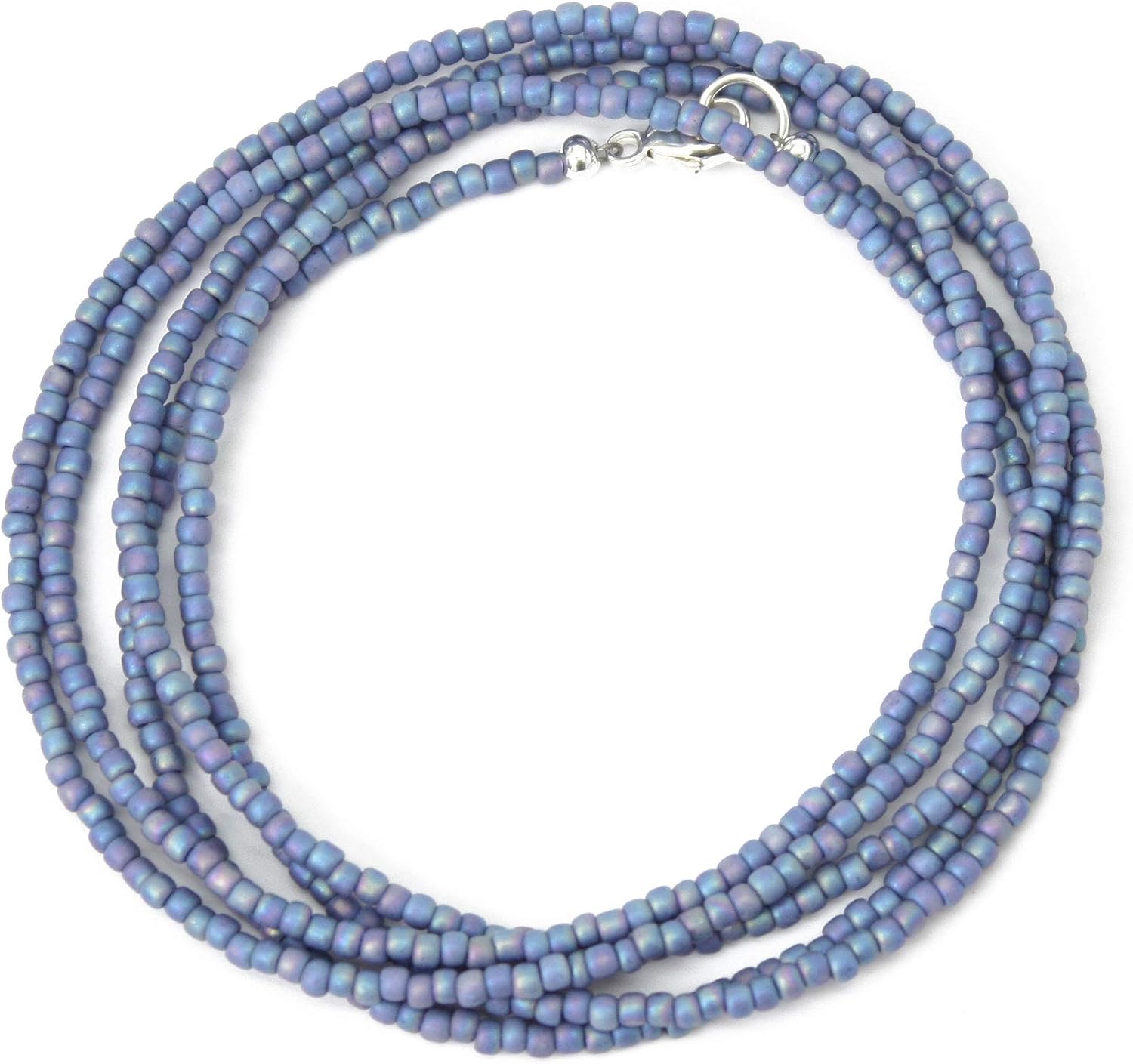 Handmade Soft Blue Seed Bead Necklace, Thin 1.5mm Single Strand