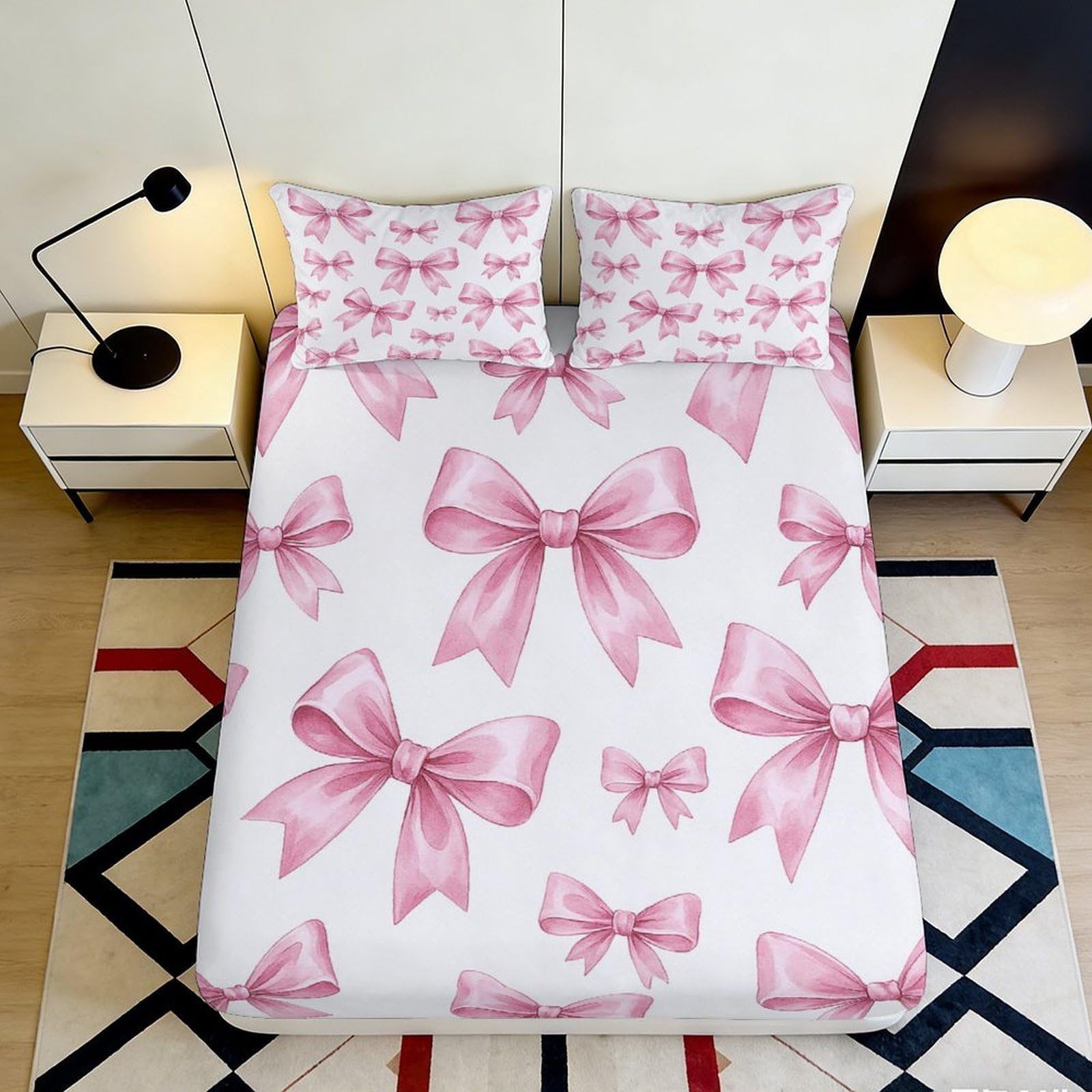 Pnayamiorkfel Style-5 3D Printed Pink Bow Fitted Sheet Microfiber Anti-Slip Bed Cover Bedroom Decor Easy Care For All Ages 90X200x25cm
