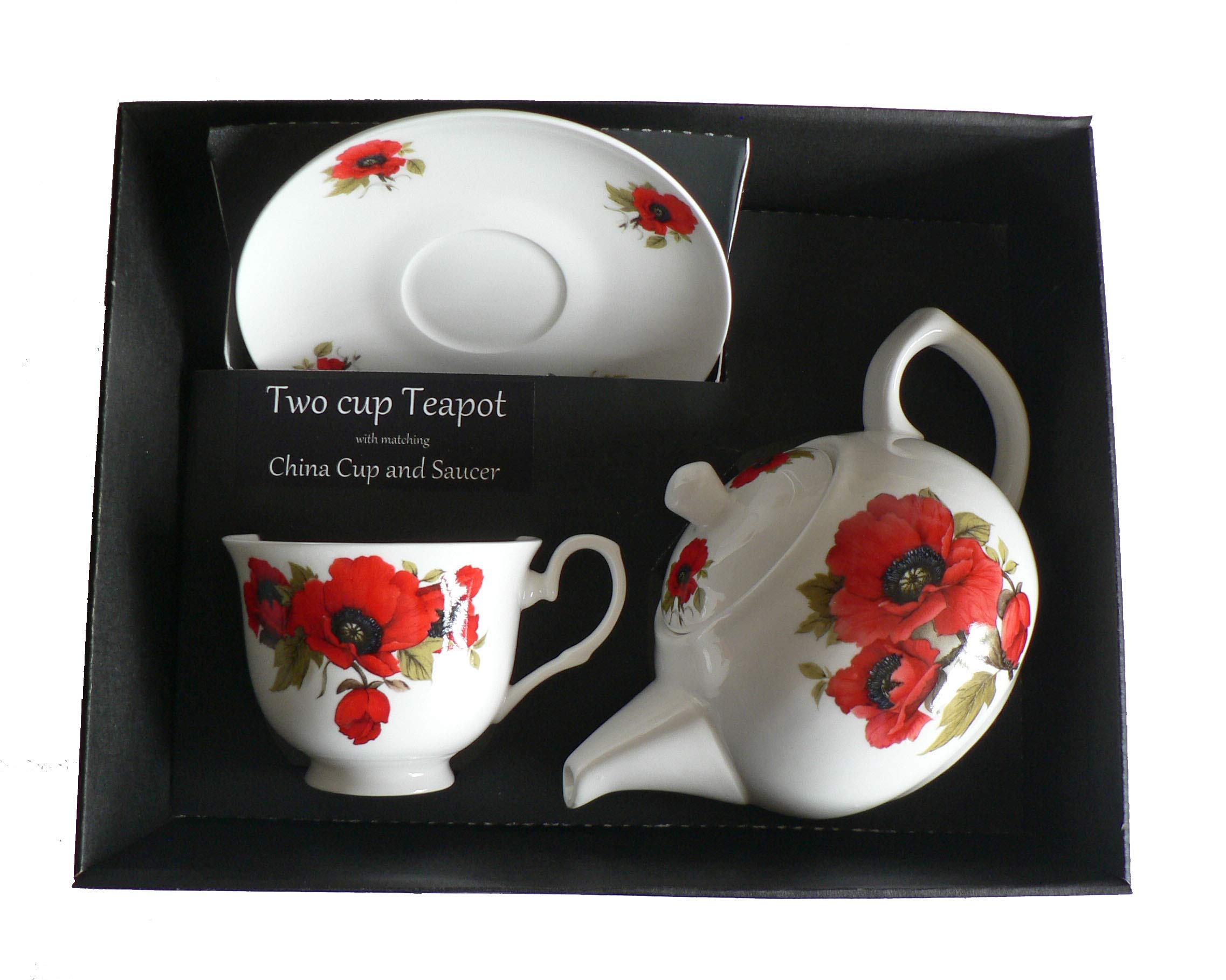 Poppy Teapot cup and saucer gift set - Porcelain teapot, with fine china cup & saucer in gift boxed package