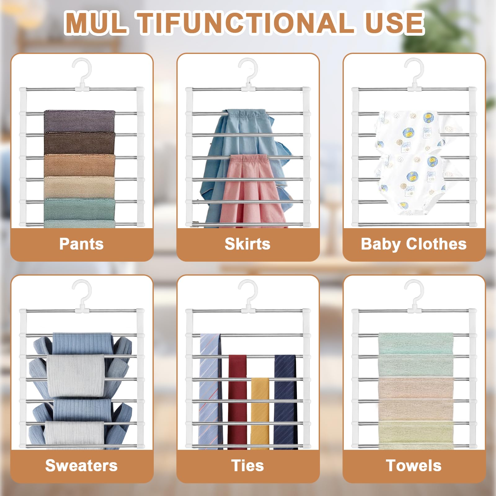 Platzsparende Hosenbügel 3er Set - 6 Etagen Kleiderbügel Faltbar Aus Edelstahl