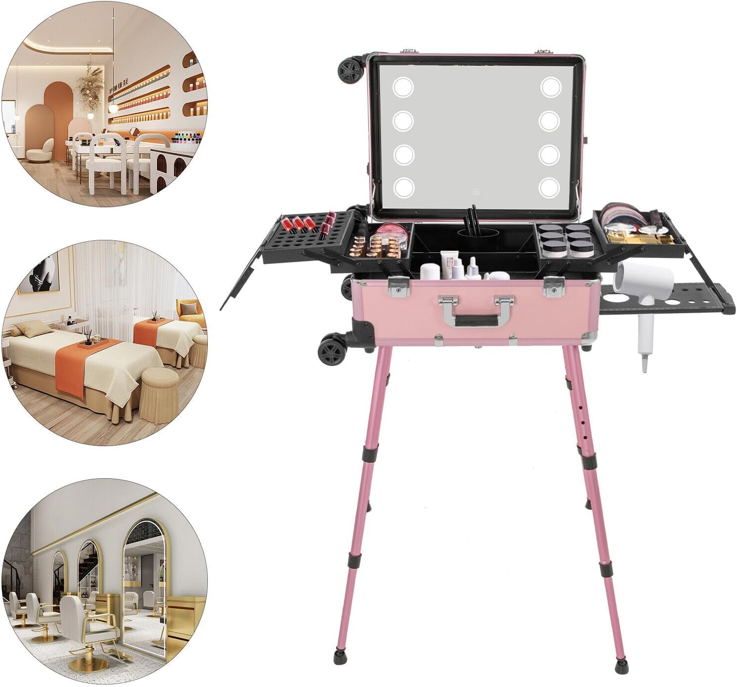 Professional Cosmetic Travel Case Makeup Case Rolling Makeup Train Case 12V, For Makeup Artist, Hair Stylist, Nail Artist Makeup Trolley