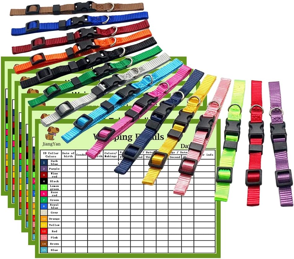 JiangYanus Puppy ID Collars Litter - 15 Pcs Super Soft Nylon Whelping Set - Adjustable Breakaway Litter Collars Pups for Newborn Litter Pets Dog Cat - Assorted Colors Plain & Identification