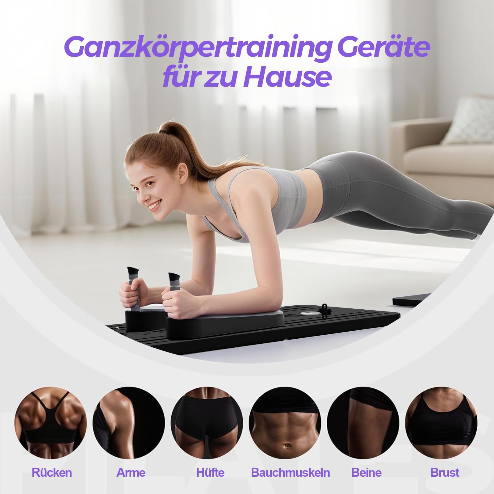 Pilates Board für Zuhause Upgraded, Faltbares Multifunktionales Pilates Reformer, 8-in-1 Pilates Set mit 5er-Set Widerstandsbänder, Automatischem Rückprall & Bauchtrainer, Ganzkörpertraining