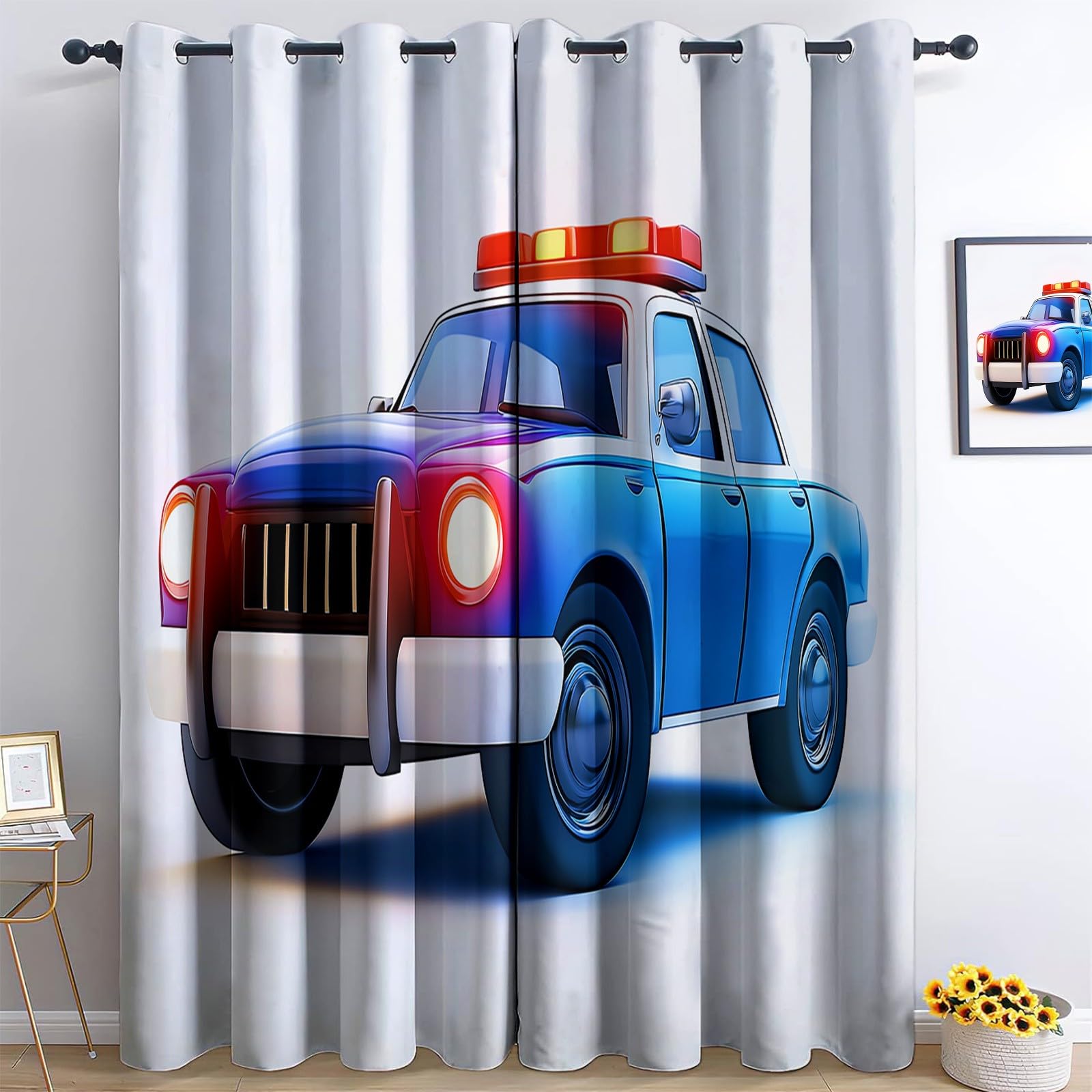 XCQHZYQ Cortinas Salon Opacas Lindo Coche Policía Dibujos Animados, Cortinas de Ojales Dormitorio para Niños 2 Piezas Suave Blanco Termicas Curtain para Habitación Decoración Ventana, 140x175 cm