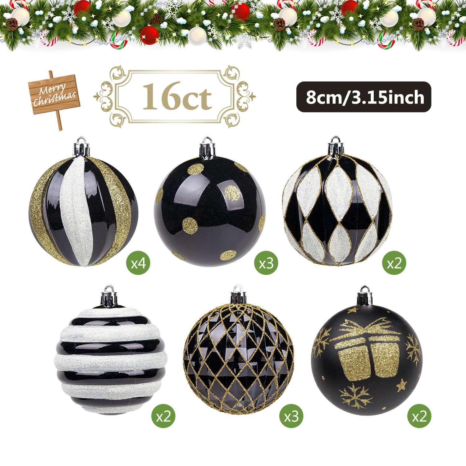 SVNVIOZ Black Gold White Christmas Baubles Decorations, 16pc 8cm Christmas Ball Ornaments Set, Shatterproof Xmas Tree Balls - Image 2